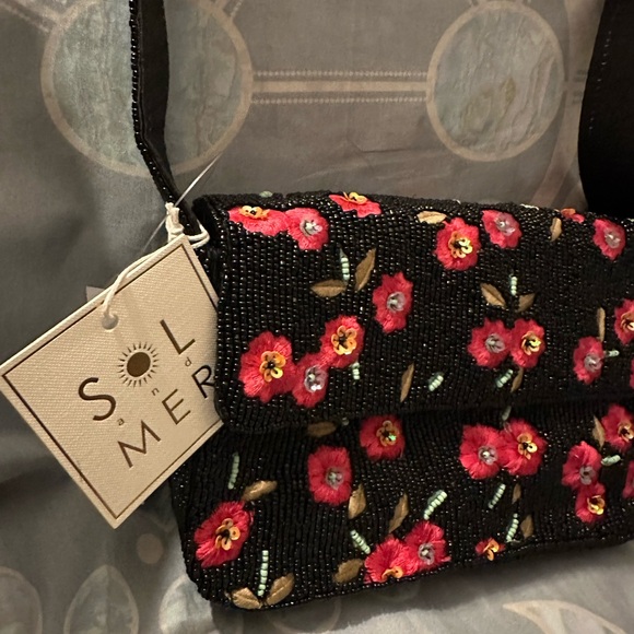 Black Floral Beaded Shoulder Bag by SOL and Mer - Picture 5 of 9